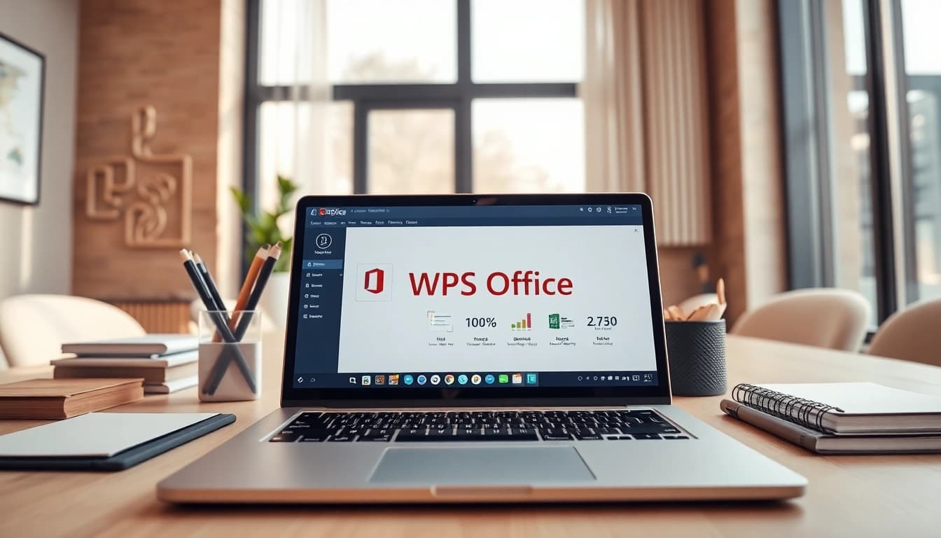 动态工作空间，展示WPS Office功能的笔记本电脑，激发生产力。