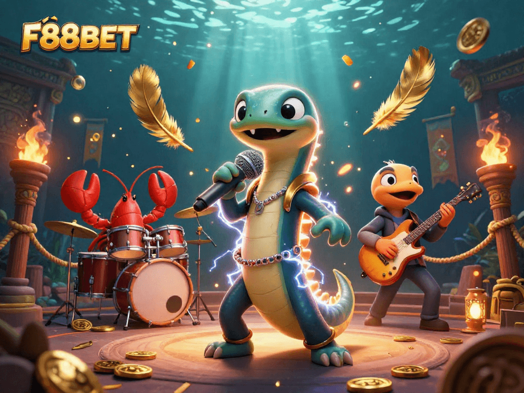 Experience the underwater excitement with F88BET's electric eel DJ and band performing thrilling bets.
