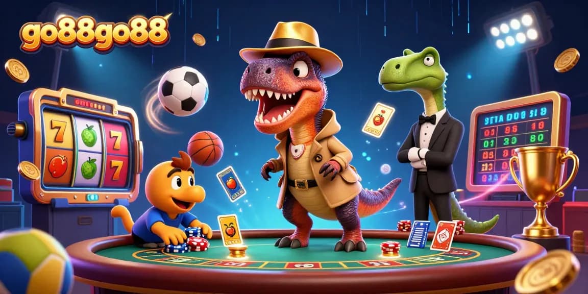 Experience go88go88 with a playful velociraptor card counter amid dynamic gambling action and vibrant game elements.