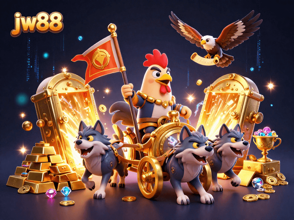 Experience thrilling jackpots at jw88 with a dynamic 3D illustration featuring an adventure-filled casino scene.