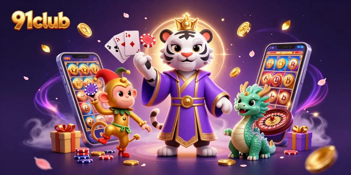 Experience the excitement of 91club with vibrant gaming elements and lively characters in this 3D illustration.