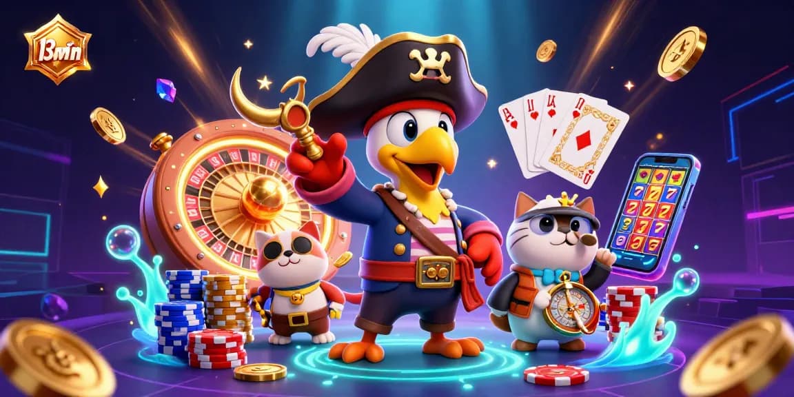 Join the excitement at 13win with a colorful pirate-themed casino illustration showcasing vibrant games.