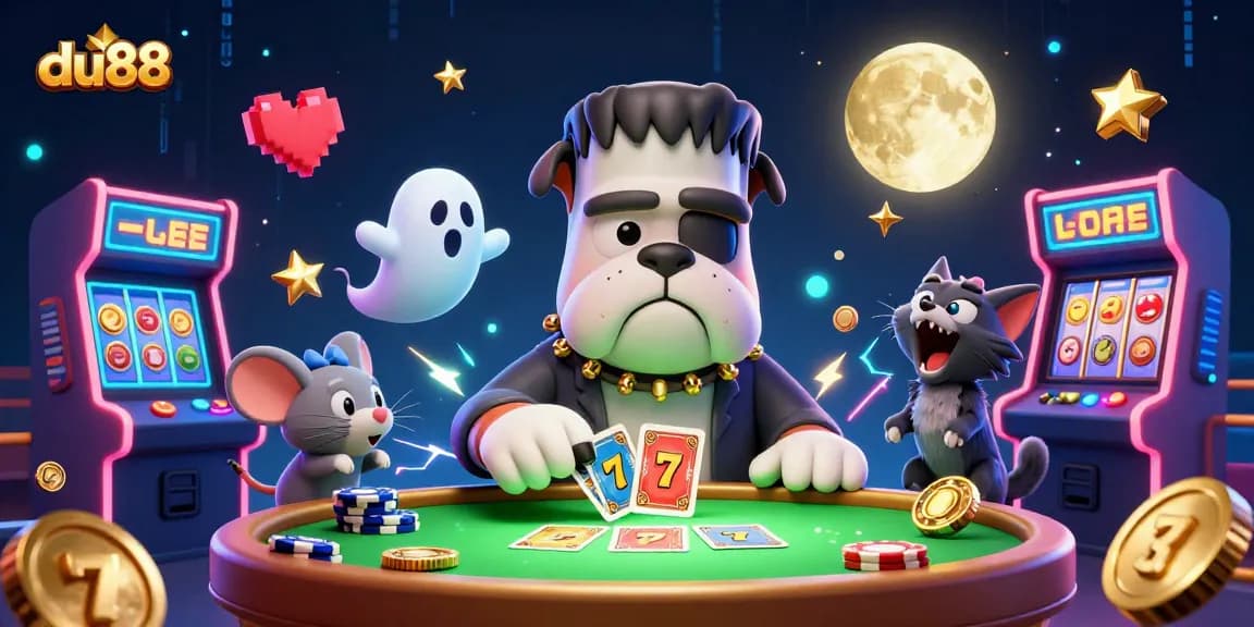 Engage in exciting gameplay with du88, showcasing a lively casino scene featuring card-playing characters and vivid game elements.