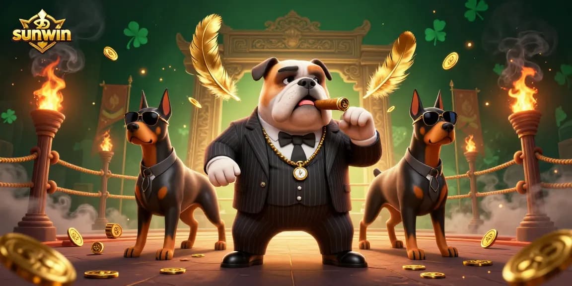 Experience thrilling gameplay at sunwin with a cartoon mafia bulldog and Doberman bodyguards.