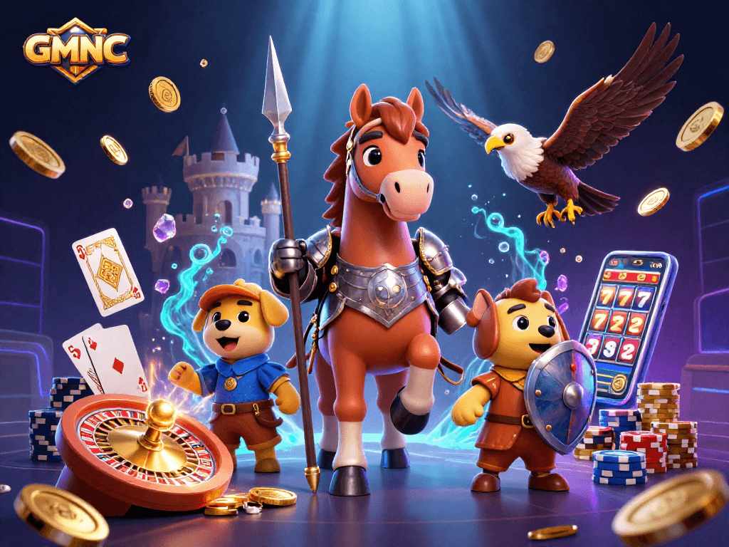 Experience the excitement of GMNC with a knight, puppy, and falcon among casino elements.
