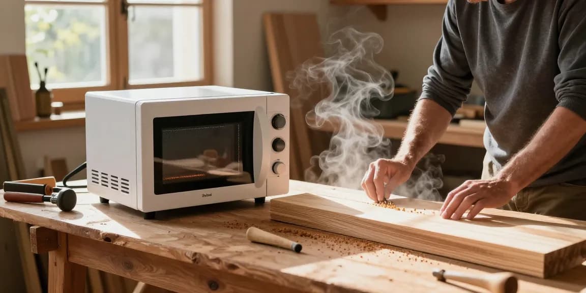 Shashel microwave device effectively treating woodworm in a rustic workshop