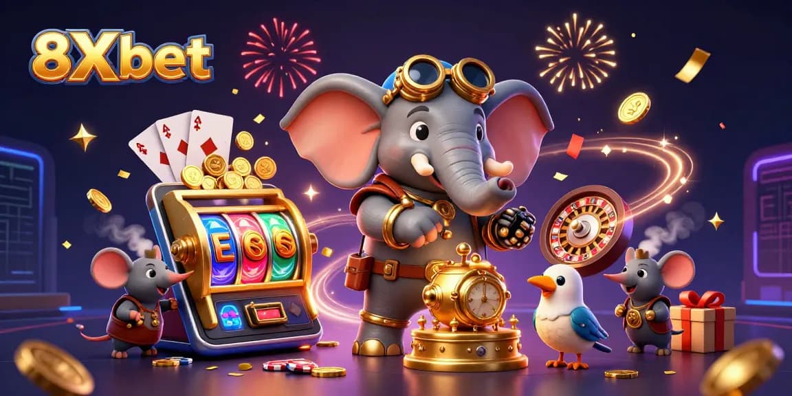 8Xbet thrills players with a vibrant 3D steampunk casino scene filled with slots, cards, and excitement.