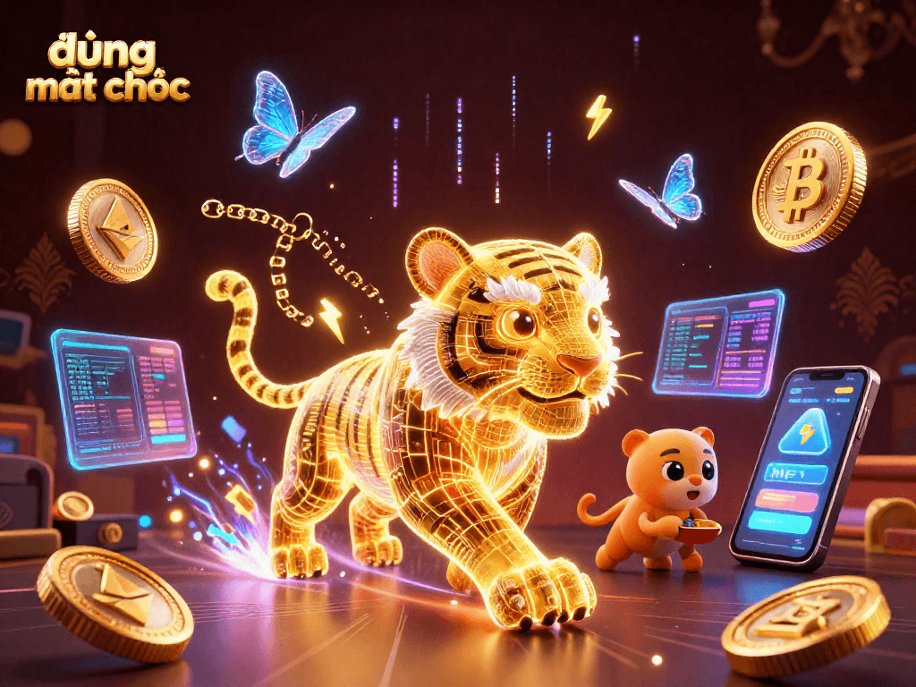 Experience the excitement of đường mạt chược in this rich, dynamic casino scene with neon visuals and cryptocurrency themes.