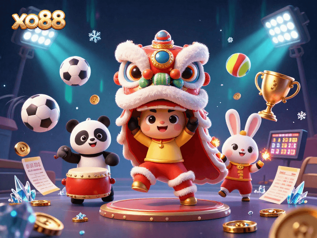 Engage with exciting gameplay at xo88 and enjoy festive lion dance themed illustration with dynamic sports elements.