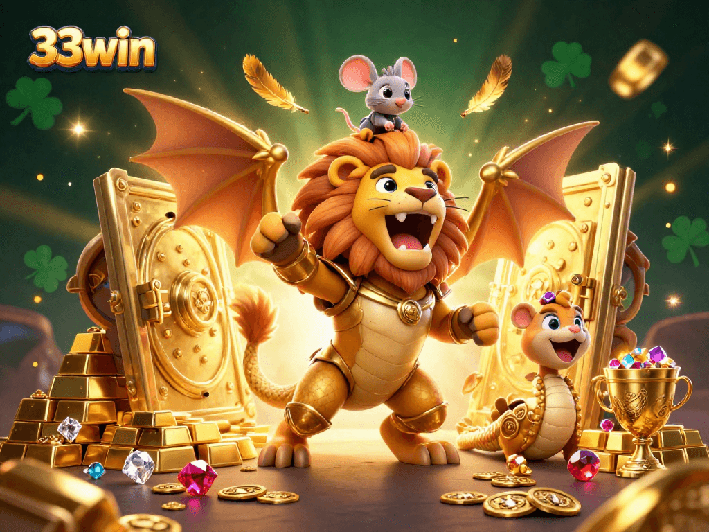 33win castle illustration shows a majestic chimera and treasures, showcasing online casino excitement.