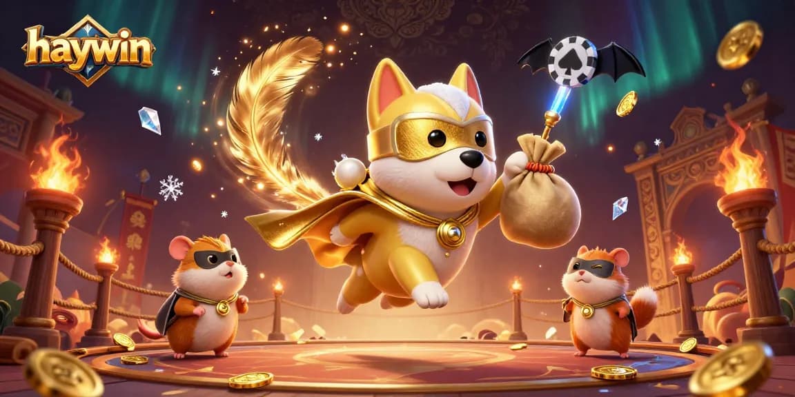 Engage with haywin's thrilling atmosphere in a vibrant casino setting with characters amidst coins and tokens.
