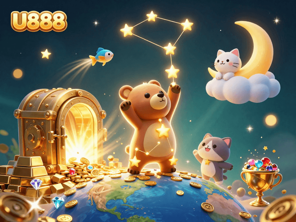U888 scoops coins in a vibrant 3D casino scene filled with treasures and dynamic elements.