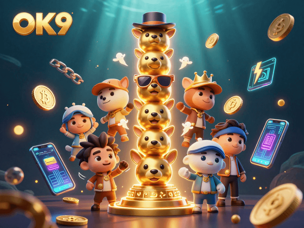 Engage with OK9's vibrant casino world featuring a dynamic golden totem and cryptocurrency symbols.