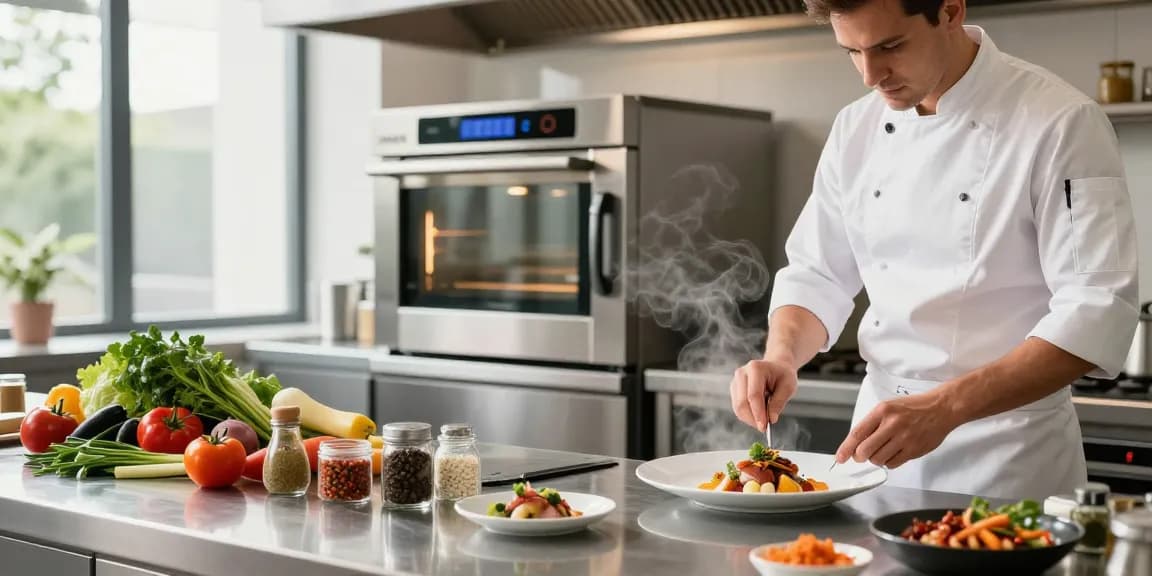Chef crafting gourmet dishes using Unox Ovens in a bright commercial kitchen.