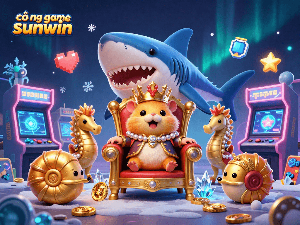 Engage with cổng game sunwin showcasing vibrant casino elements and a playful hamster king in action.