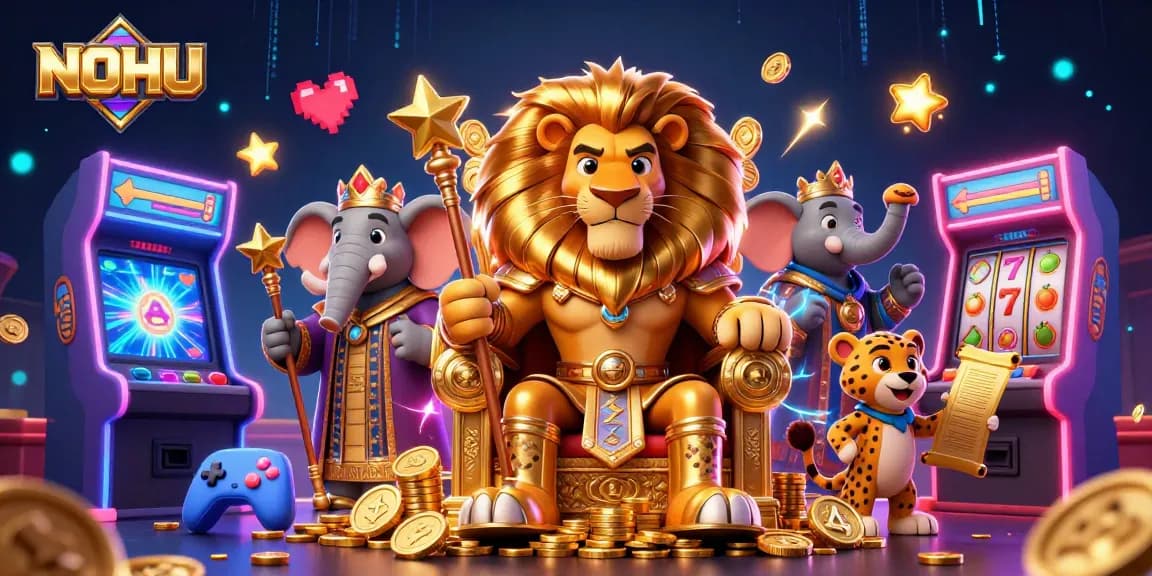 Engage with NOHU casino imagery featuring a lion king, slots reels, and colorful game machines.