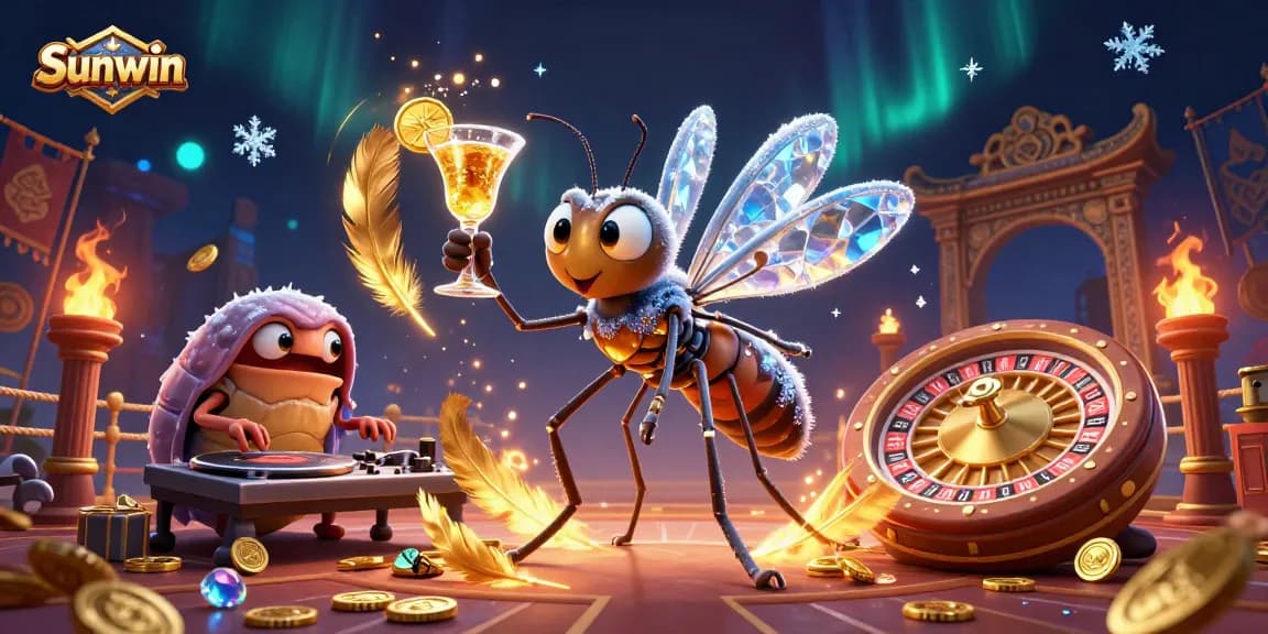 Engage in thrilling gaming with Sunwin amidst dynamic casino scenes featuring a unique 3D design.