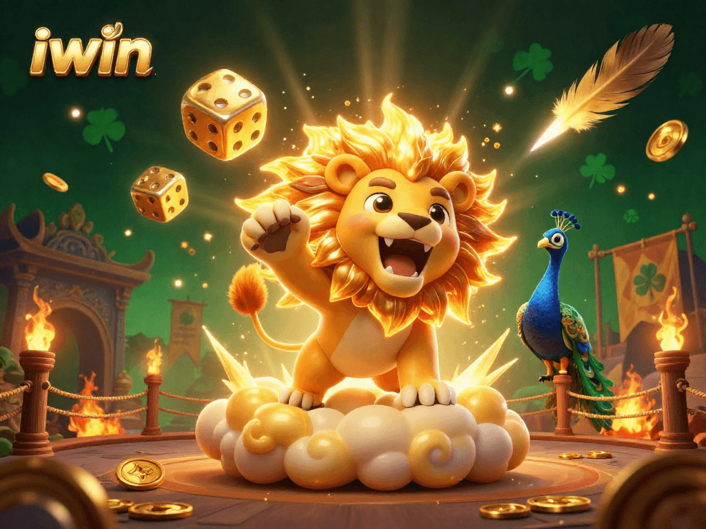 Experience the iwin casino thrill with a roaring sun lion and dazzling golden dice in a vibrant setting.