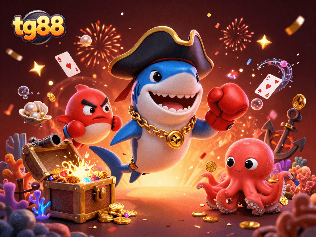 Engage with tg88's thrilling gaming world featuring a cartoon shark, pufferfish, and octopus with treasure.