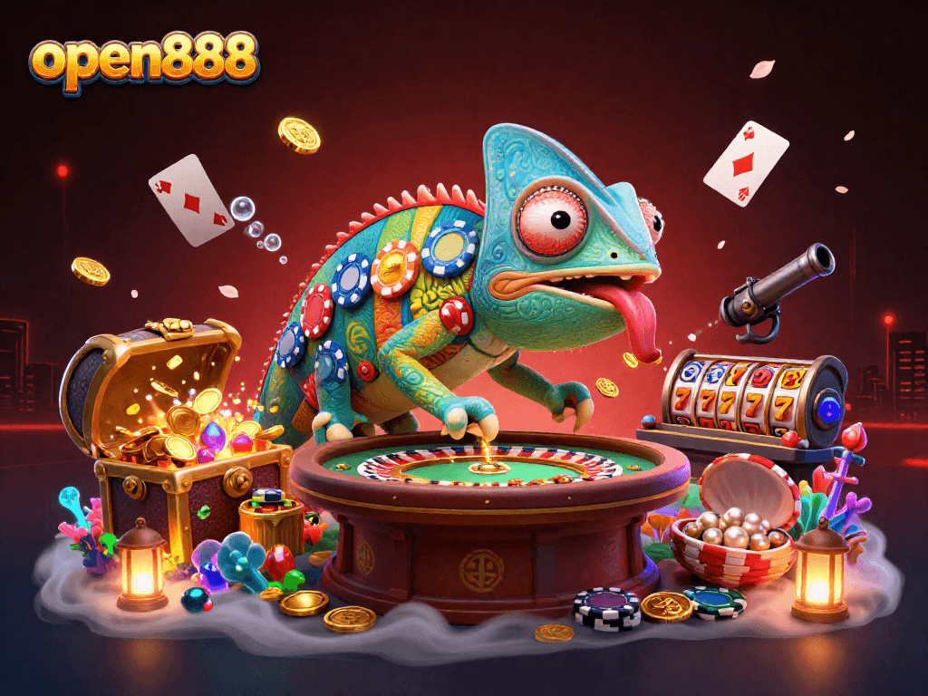 Enjoy gaming at open888 with a vibrant chameleon casino owner amidst rich casino elements and treasures.