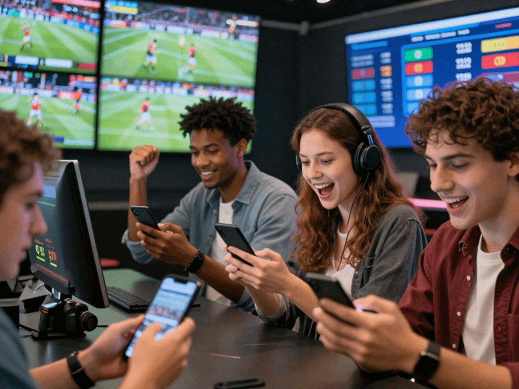 Exciting betting atmosphere featuring EK333 enthusiasts cheering their favorite sports teams on mobile devices.