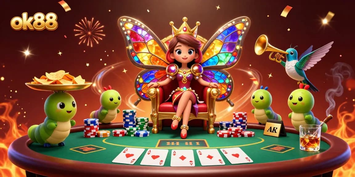 Engage with ok88's vibrant casino scene featuring the butterfly queen and poker elements.