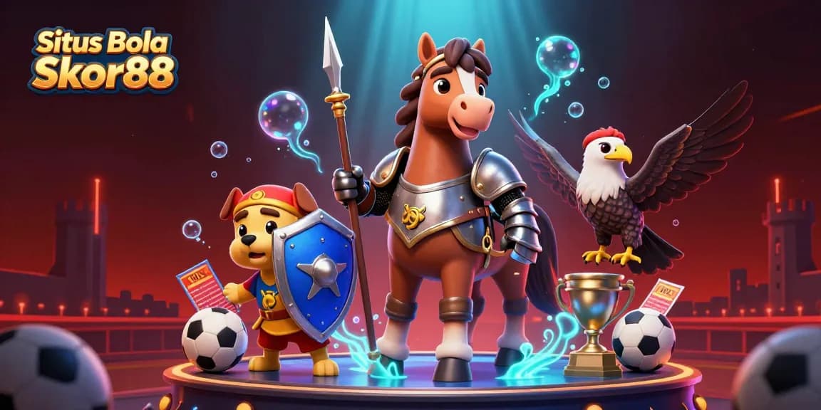 Situs Bola Skor88 presents an exciting sports betting experience with dynamic characters and vibrant elements.