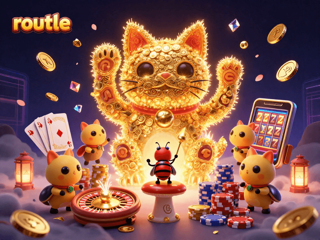 Engage with roulette as a lucky cat formed by fireflies spins to win in this vibrant casino scene.