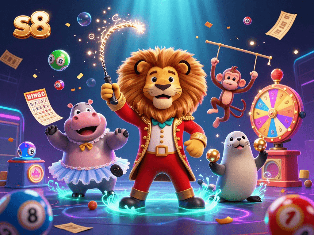 Experience the excitement of s8 with dynamic lottery elements and engaging characters, capturing casino thrill.