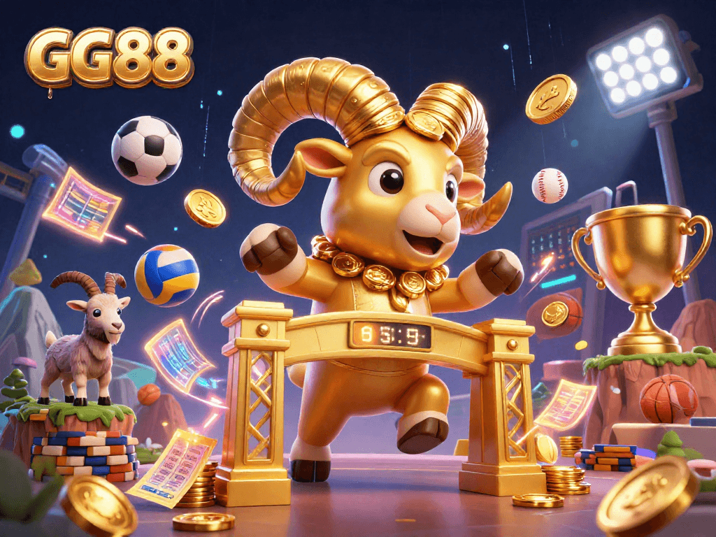 GG88 offers thrilling sports betting experiences with dynamic elements and a golden ram illustration.