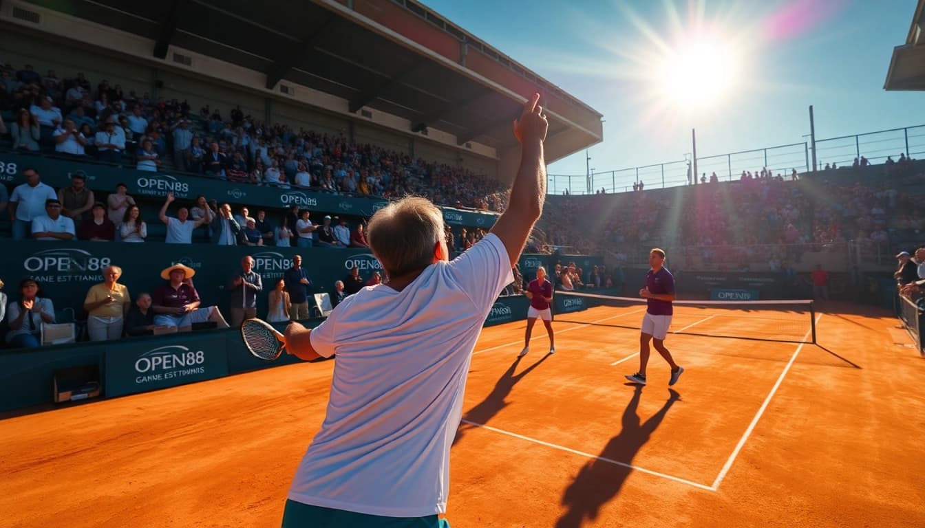 Dynamic tennis match at OPEN88, showcasing players in action and vibrant atmosphere.