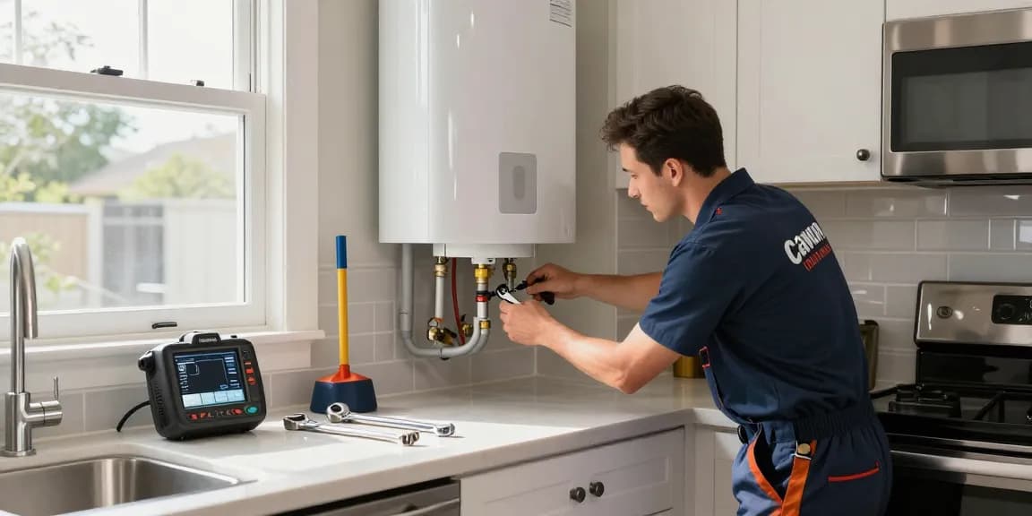 Expert technician performing direct water heater repair Fort Worth in a modern kitchen, showcasing professional plumbing services.