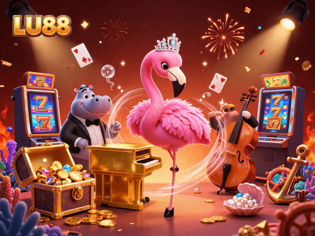 Experience excitement with LU88's vibrant casino scene featuring iconic characters and festive elements.