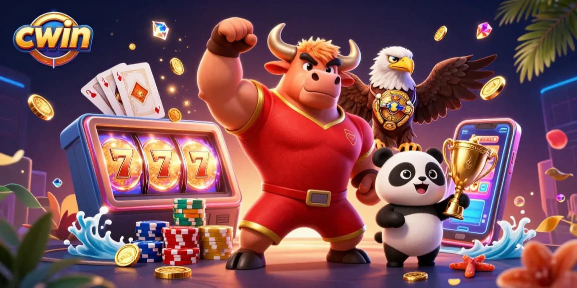 Experience the thrill of cwin with an action-packed casino scene featuring a muscular bull and cheerful panda.