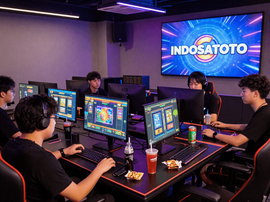 Para penggemar game berkumpul di INDOSATOTO dengan atmosfer cerah dan grafik slot menarik di layar komputer.