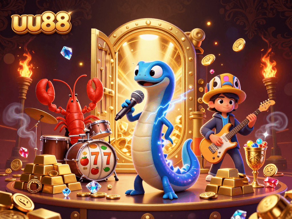 uu88 hosts a lively underwater casino show with a DJ electric eel, lively lobster drummer, and seahorse guitarist.