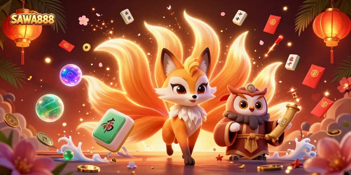 Spin to win with SAWA888's enchanting fox spirit beside an insightful owl sage, showcasing vibrant casino elements.