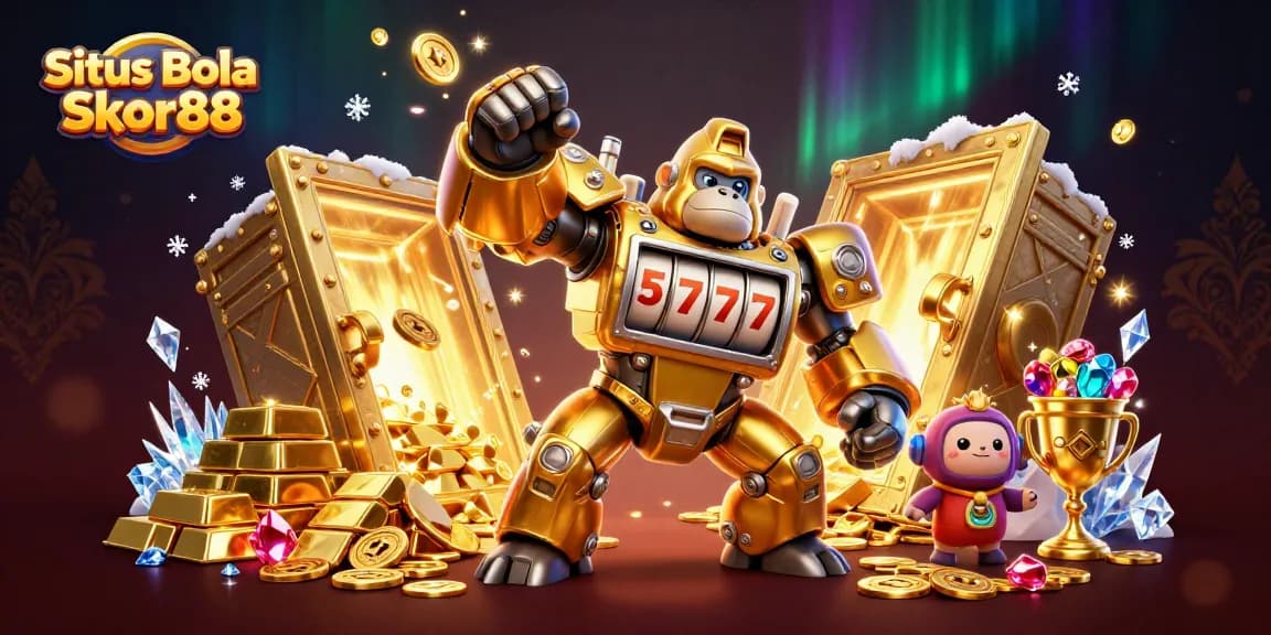 Situs Bola Skor88 showcases dynamic betting action with the golden gorilla mech and treasures.