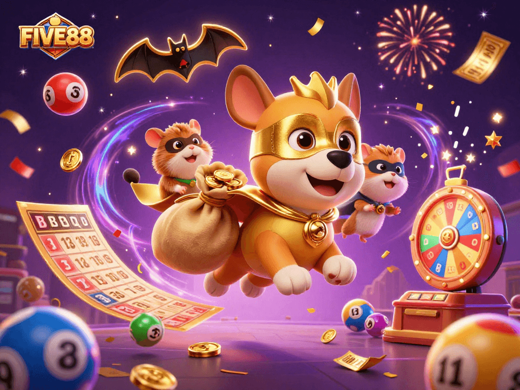 Experience the excitement of FIVE88 with a superhero dog and hamster soaring through a dynamic casino-themed scene.