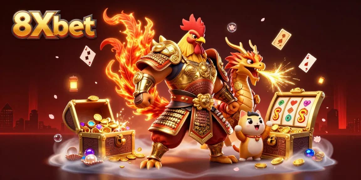 Spin and win with 8Xbet as the victorious rooster warrior and dragon hatchling cheer on casino excitement.