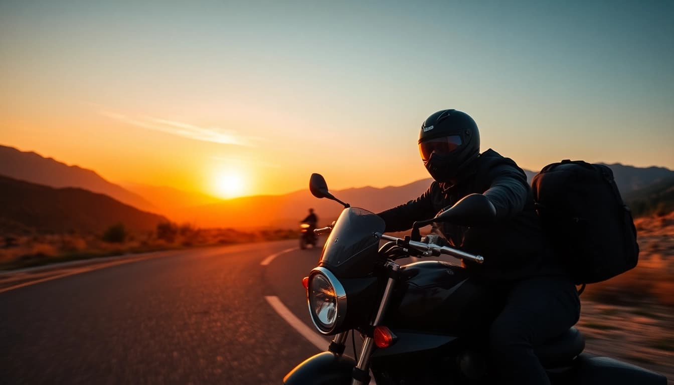 Passionné de moto roulant sur une route pittoresque, incarnant l'aventure et la liberté offertes par Motopaco.