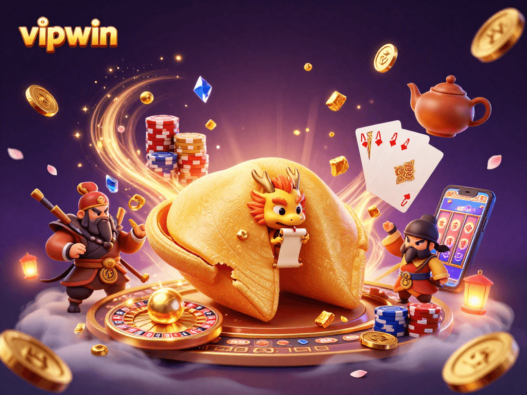 Experience the thrill of vipwin with enchanting 3D casino elements swirling around vibrant characters.