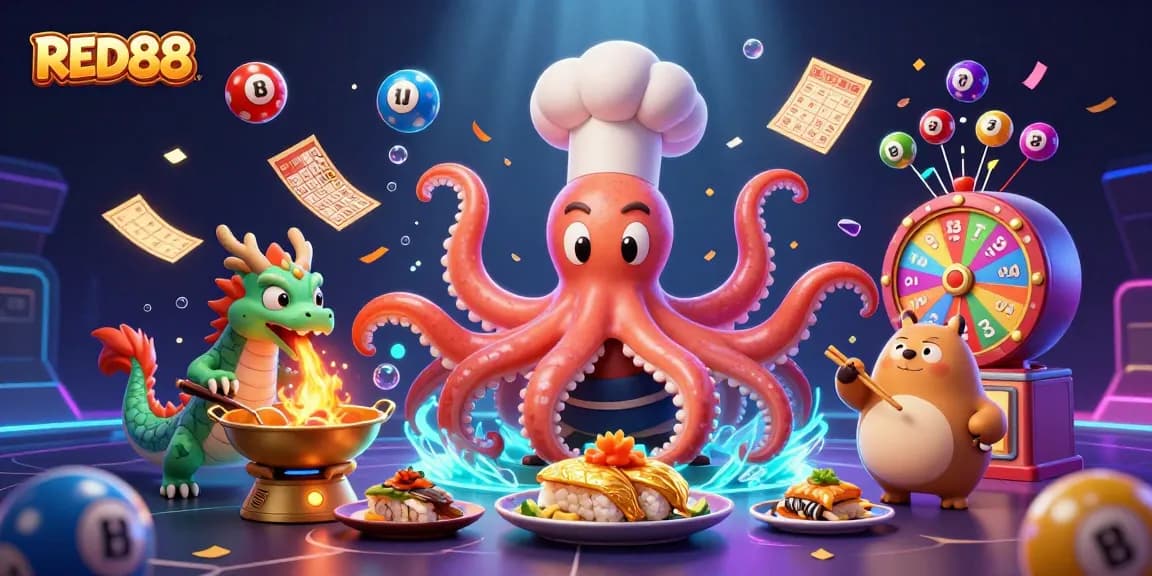 Experience exciting gameplay at RED88 with vibrant lottery balls, golden prizes, and dynamic 3D characters in a casino-themed illustration.