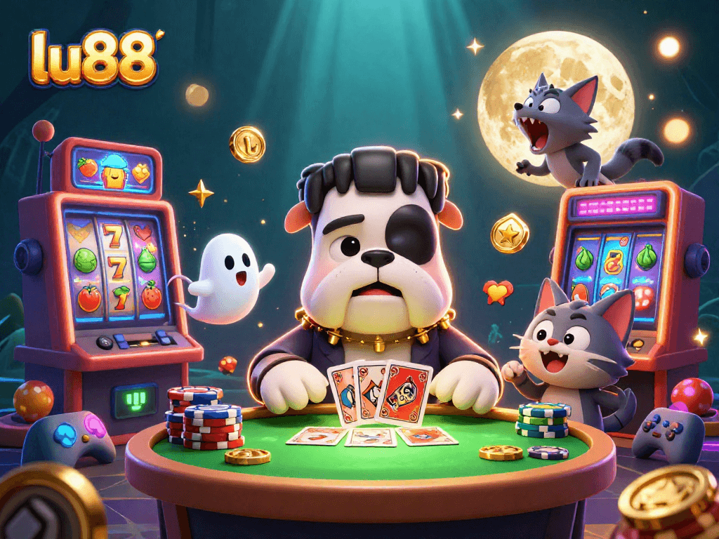 lu88 card dealing scene with cartoon Frankenstein bulldog, floating ghost mouse, and howling werewolf kitten