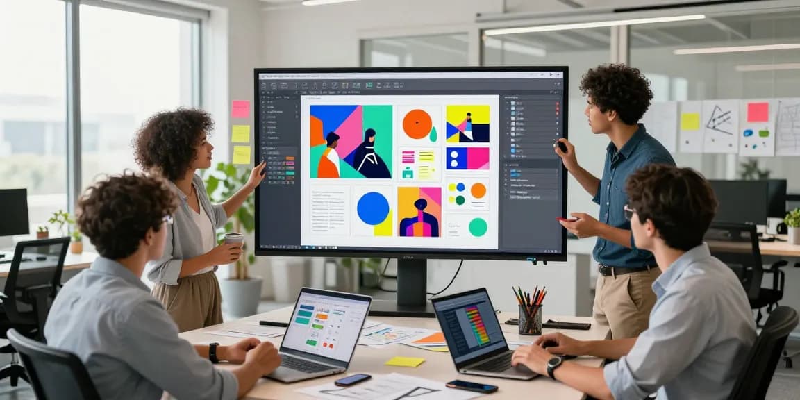 Creative team using mixboard ai for collaborative project brainstorming in modern office.