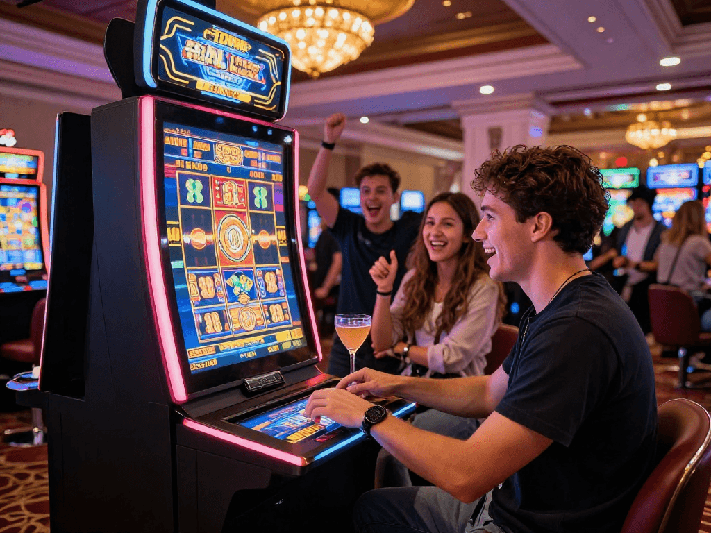 Engaging scene at a casino with slots displaying a slot jackpot, friends celebrating a win.