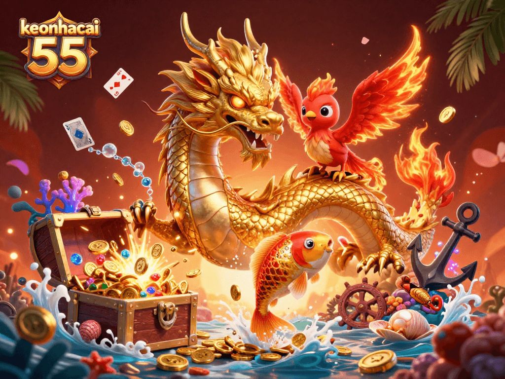 Launch into excitement with keonhacai 55, featuring a vibrant scene of the dragon, phoenix, and koi fish.