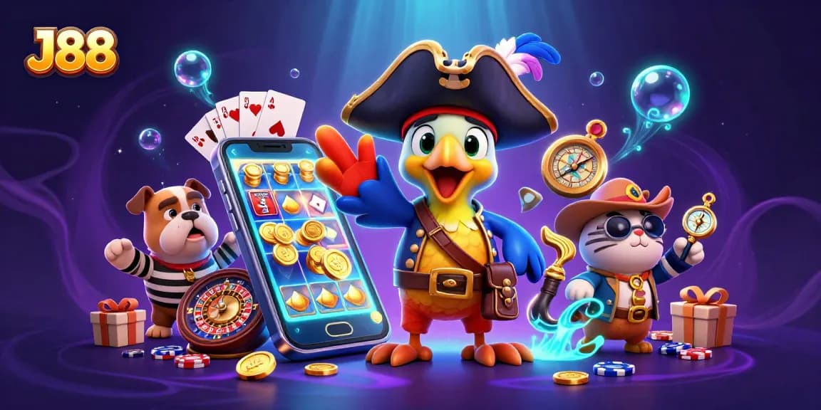 Spin the reels and win big with J88 in this vibrant, animated casino scene.