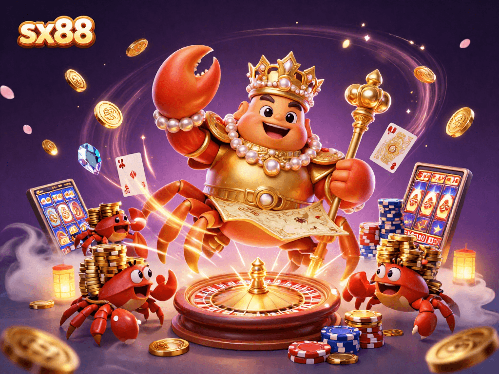 Experience the thrill of sx88 with a golden crab emperor and treasure in this vibrant casino illustration
