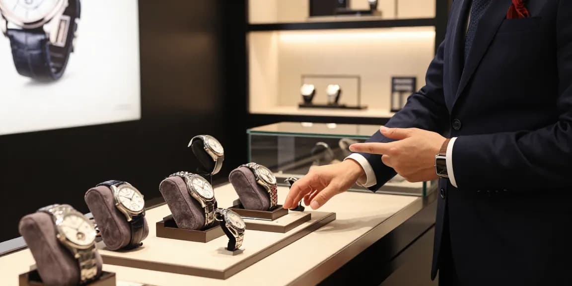 Explore a luxurious selection of replica watches showcased in a modern retail scene, highlighting quality and craftsmanship.
